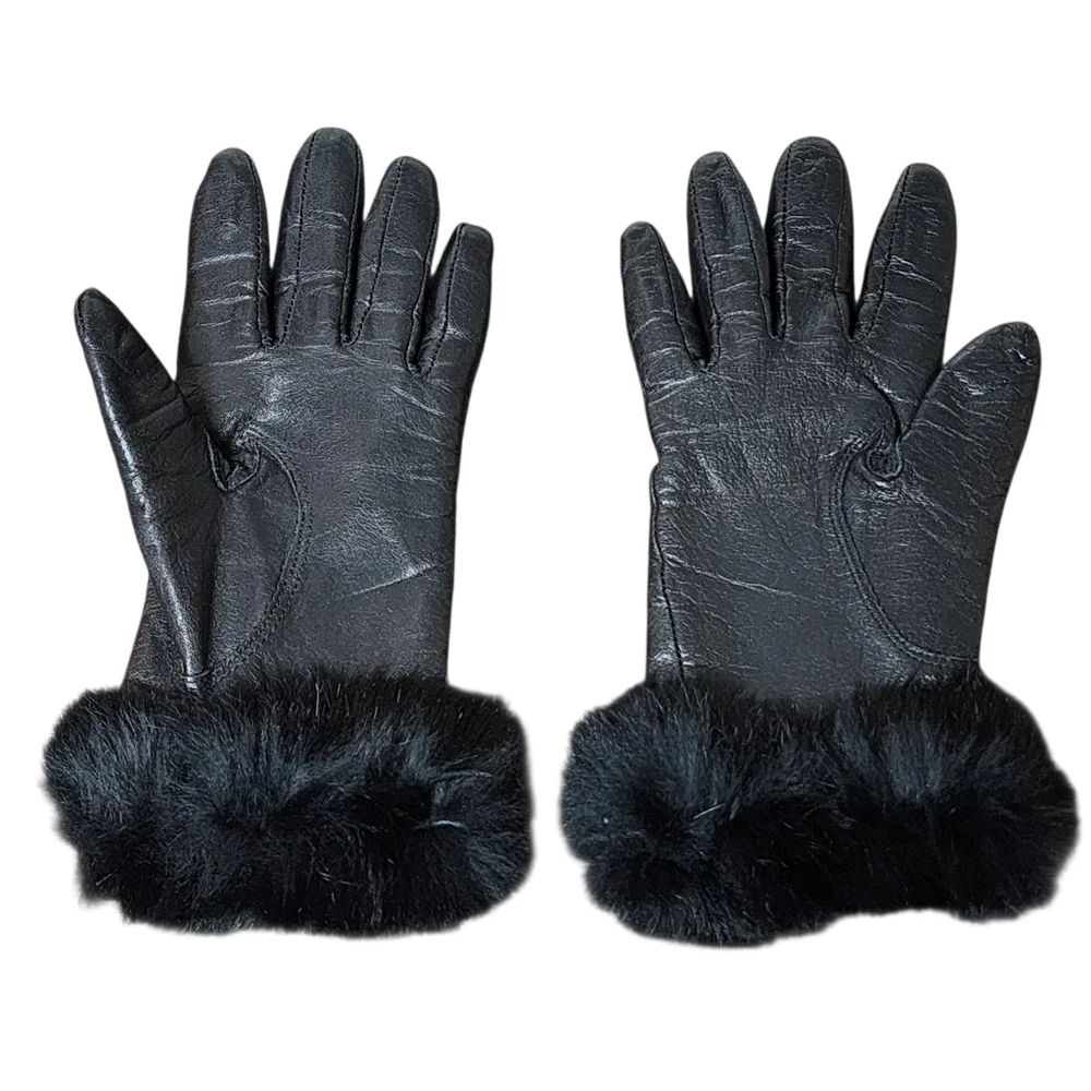 Gloves black leather with faux fur cuff trim soft elegant